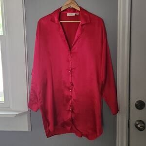Vintage Victoria's Secret Gold Label Pink Satin Pearl Button Sleep Shirt Size LG